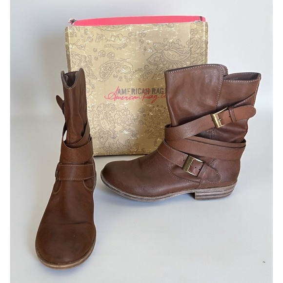 American Rag Shoes - American Rag Acale Midcalf Brown Boots Women's 9M Straps & Buckles Pull On